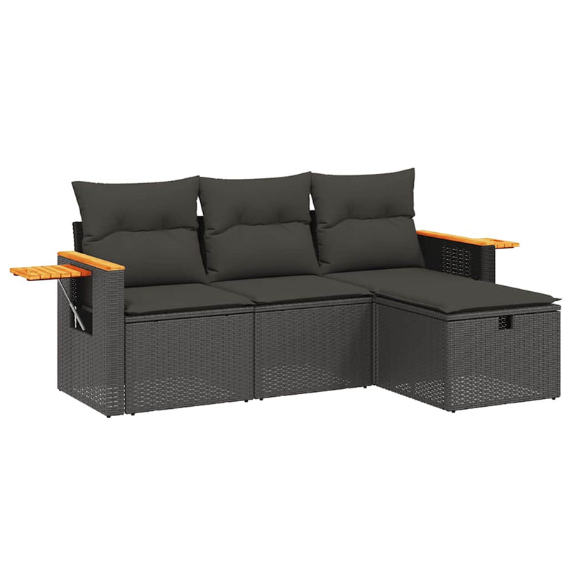 Set mobilier de grădină cu perne, 4 piese, negru, poliratan