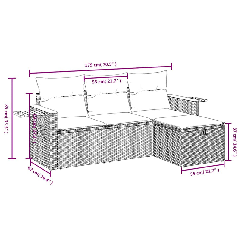 Set mobilier de grădină cu perne, 4 piese, negru, poliratan