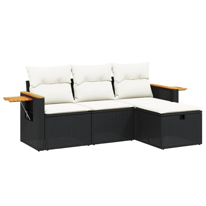 Set mobilier de grădină cu perne, 4 piese, negru, poliratan