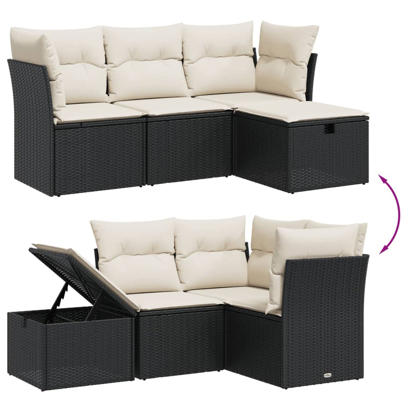 Set mobilier de grădină cu perne, 4 piese, negru, poliratan
