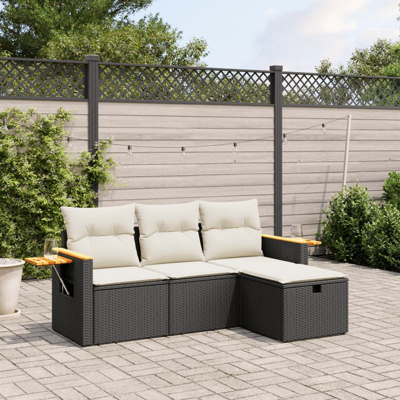 Set mobilier de grădină cu perne, 4 piese, negru, poliratan