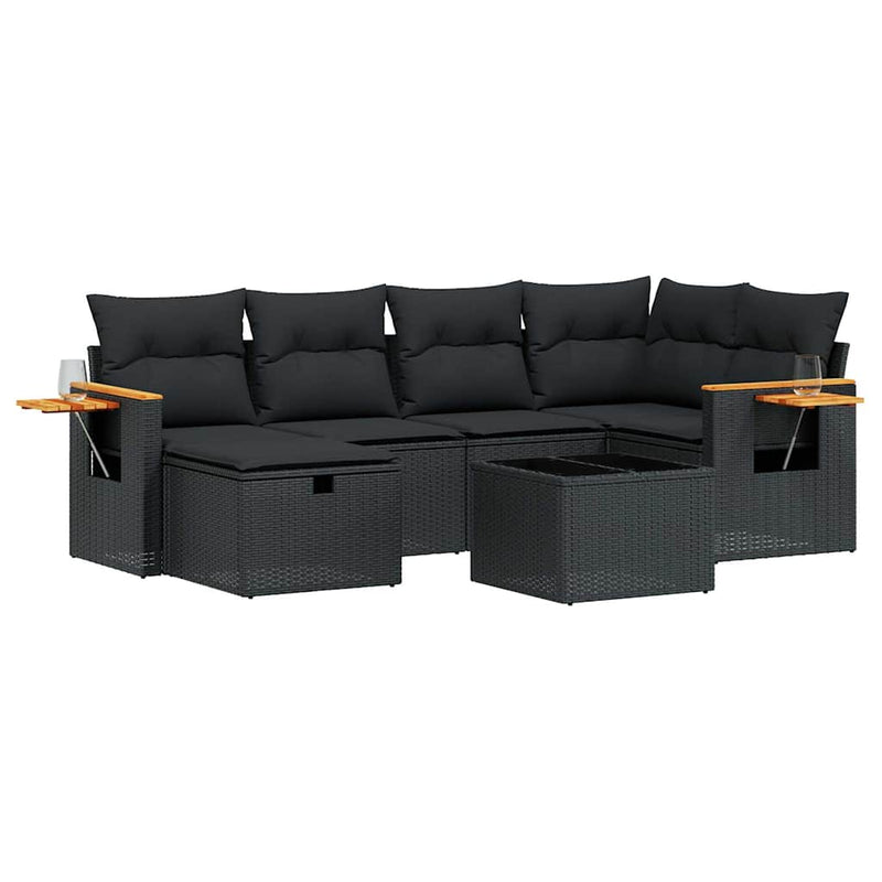 Set canapele de grădină cu perne, 7 piese, negru, poliratan