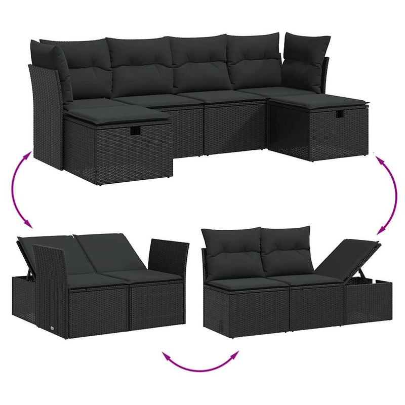 Set mobilier de grădină cu perne, 6 piese, negru, poliratan