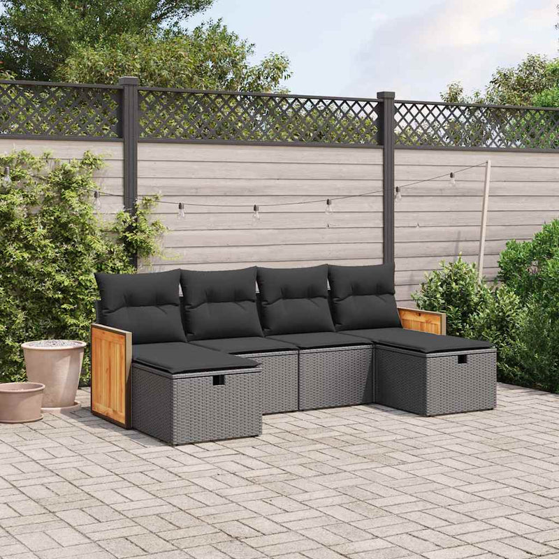 Set mobilier de grădină cu perne, 6 piese, negru, poliratan