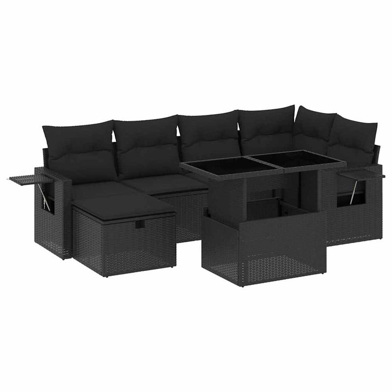 Set canapele de grădină cu perne, 7 piese, negru, poliratan