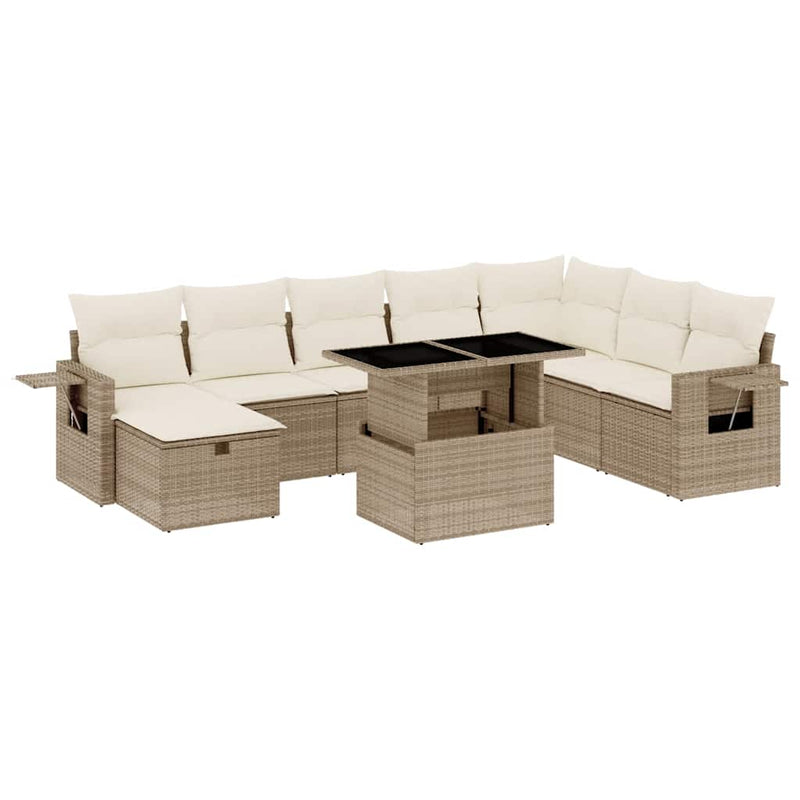 Set canapele de grădină, 9 piese, cu perne, bej, poliratan