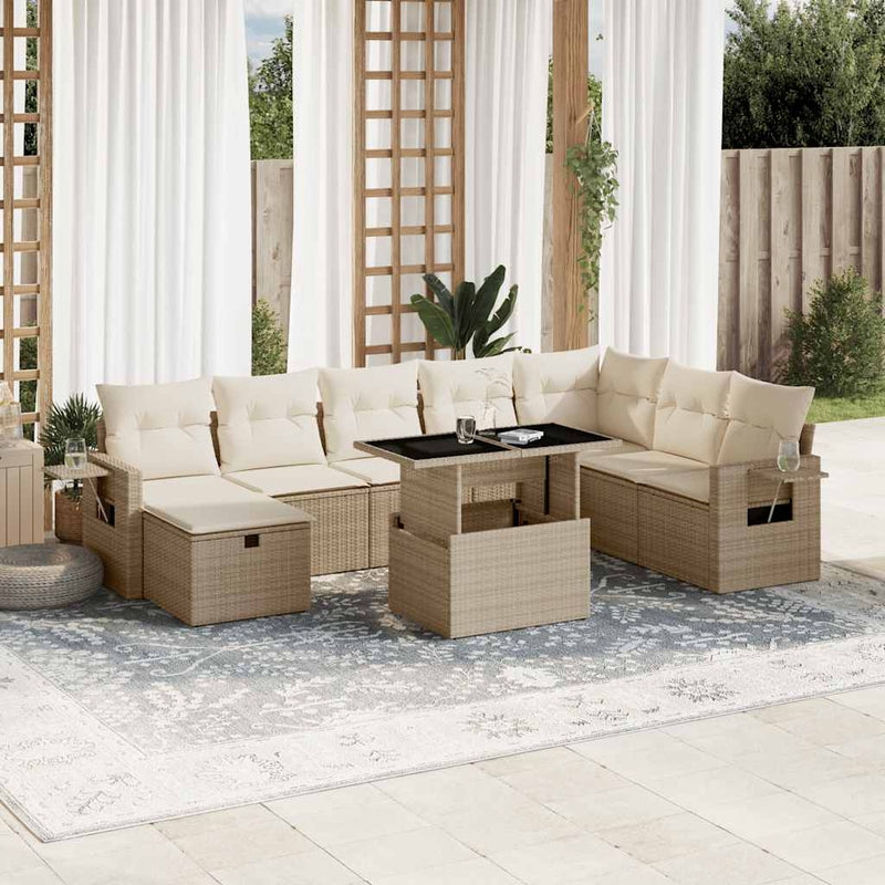 Set canapele de grădină, 9 piese, cu perne, bej, poliratan