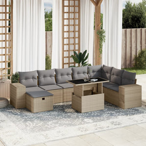 Set canapele de grădină, 9 piese, cu perne, bej, poliratan
