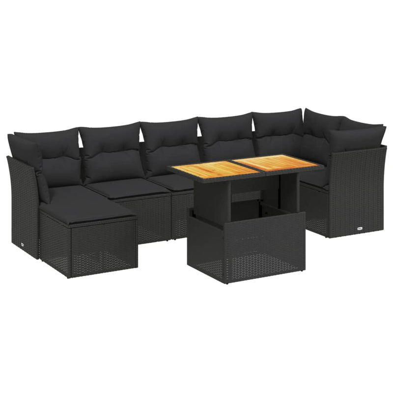Set mobilier de grădină cu perne, 8 piese, negru, poliratan