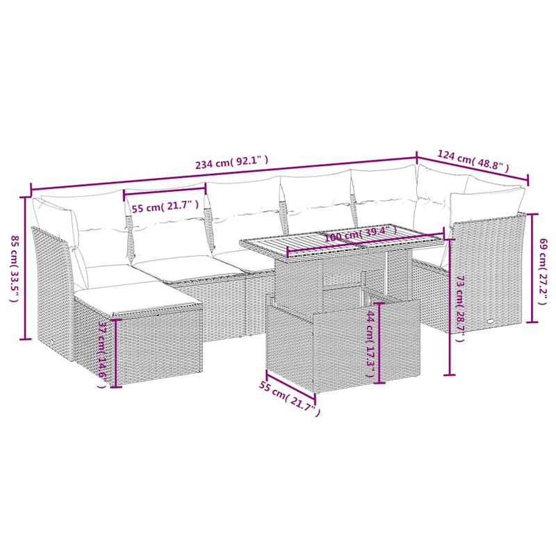 Set mobilier de grădină cu perne, 8 piese, negru, poliratan