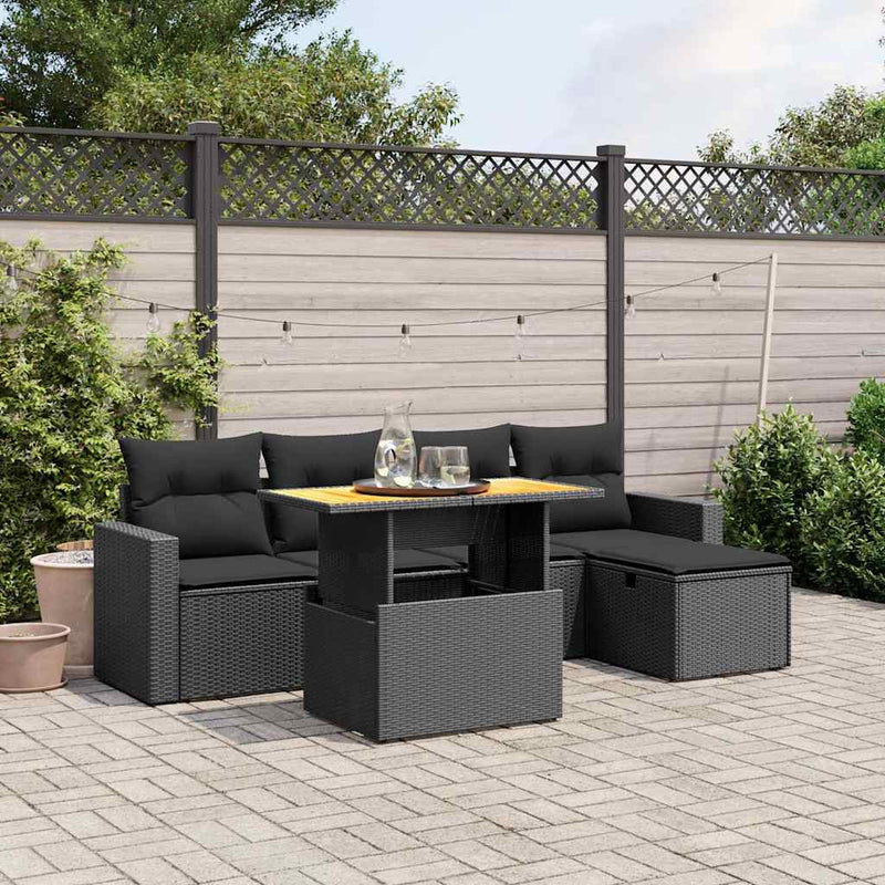 Set mobilier de grădină cu perne, 6 piese, negru, poliratan