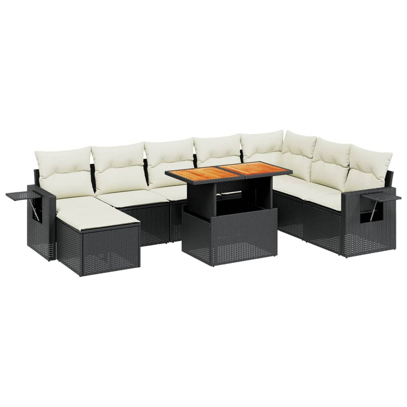Set mobilier de grădină cu perne, 9 piese, negru, poliratan