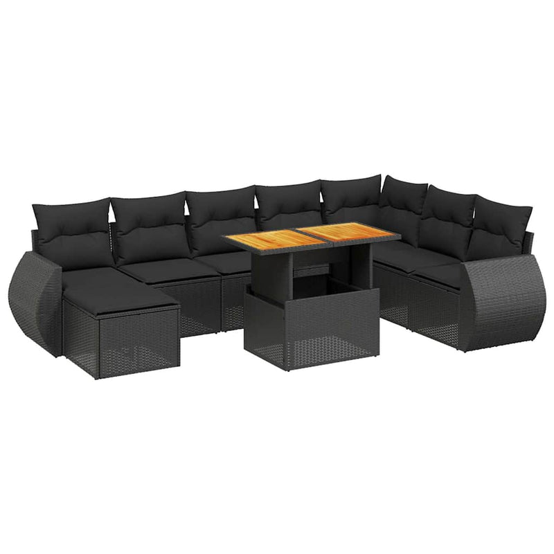 Set mobilier de grădină cu perne, 9 piese, negru, poliratan