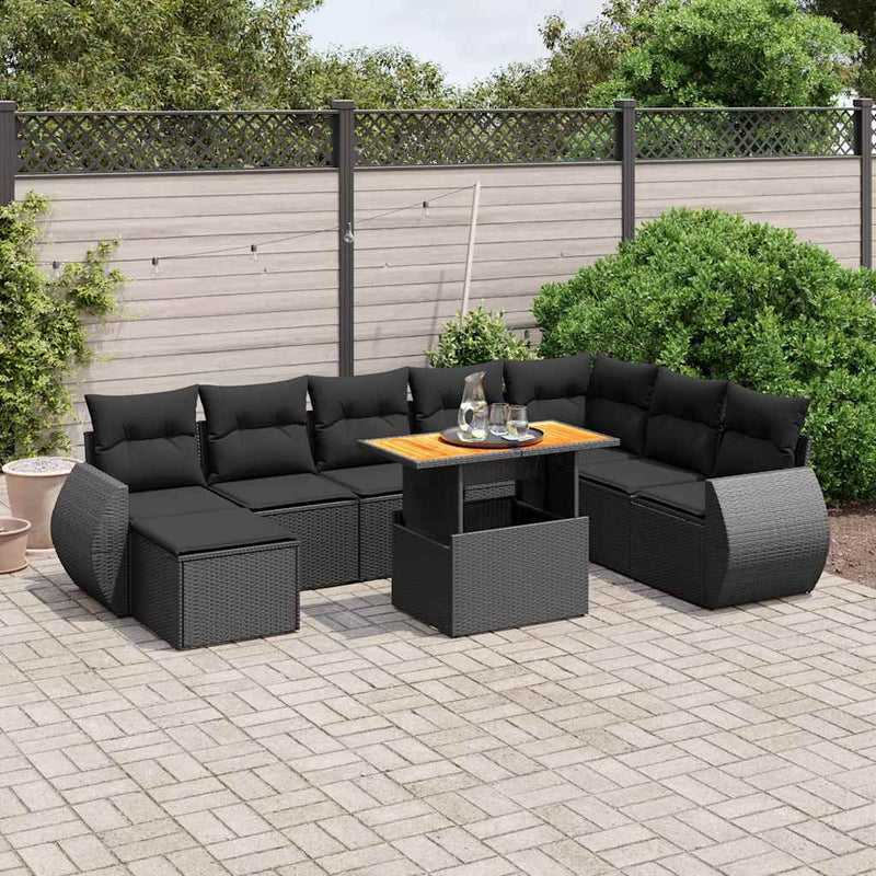 Set mobilier de grădină cu perne, 9 piese, negru, poliratan
