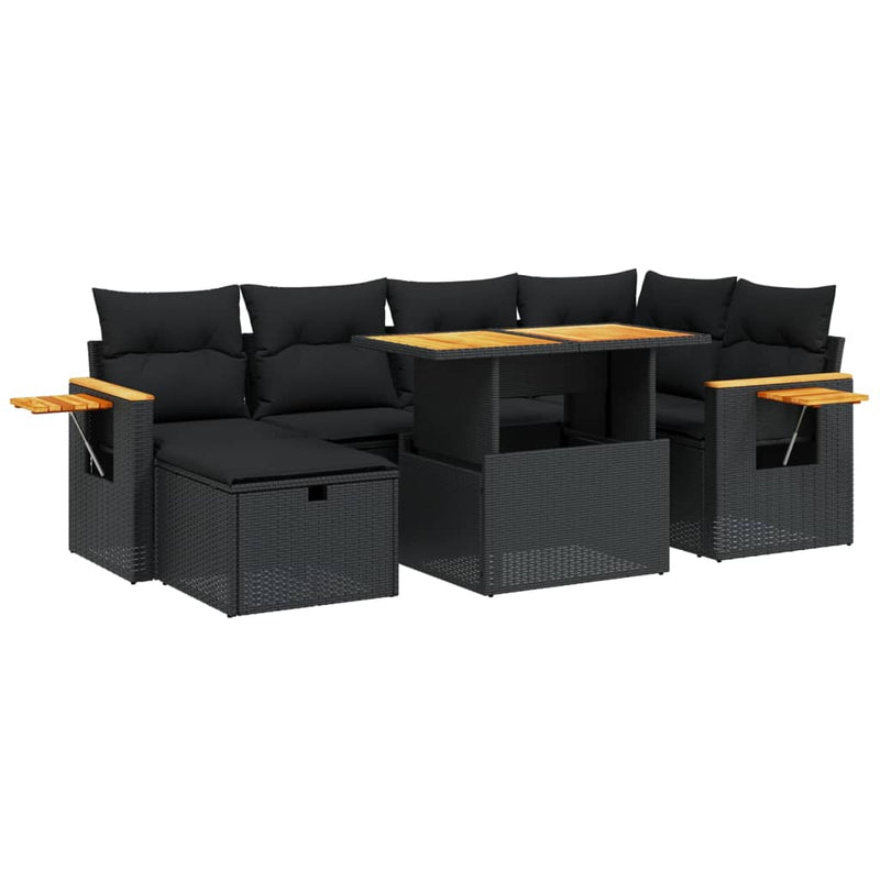 Set canapele de grădină cu perne, 7 piese, negru, poliratan