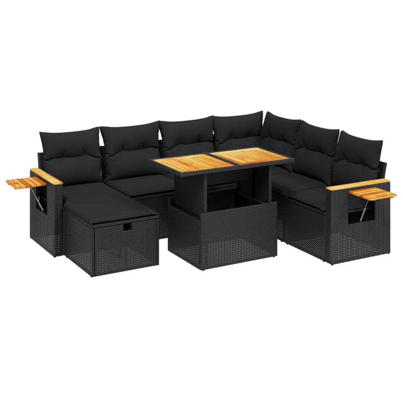 Set mobilier de grădină cu perne, 8 piese, negru, poliratan