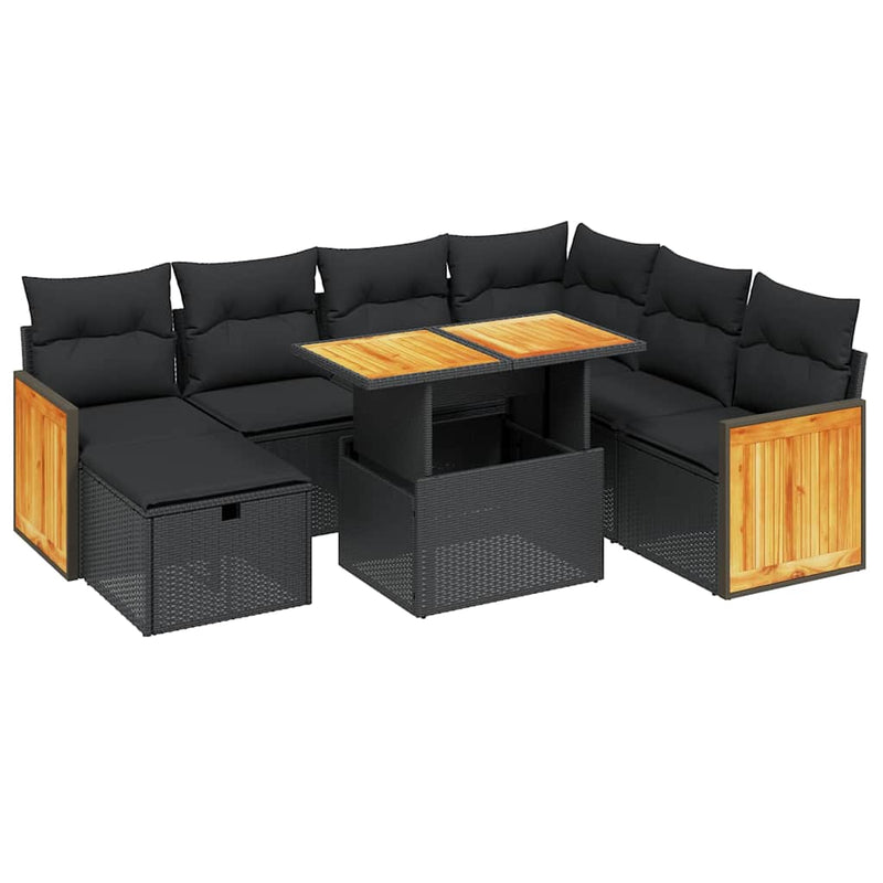 Set mobilier de grădină cu perne, 8 piese, negru, poliratan