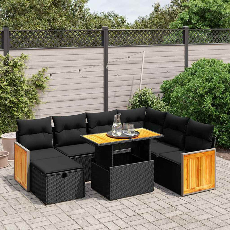 Set mobilier de grădină cu perne, 8 piese, negru, poliratan