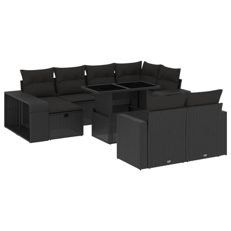 Set canapele de grădină cu perne, 11 piese, negru, poliratan