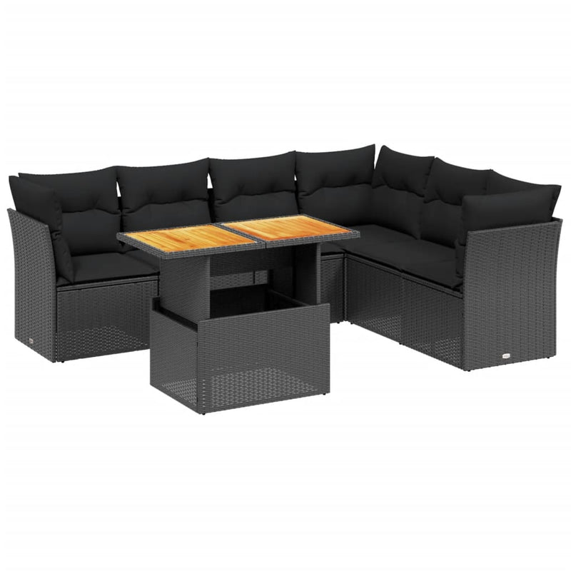 Set canapele de grădină cu perne, 7 piese, negru, poliratan