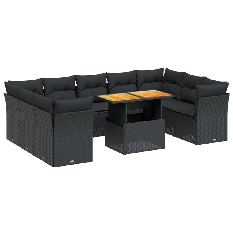 Set canapele de grădină cu perne, 10 piese, negru, poliratan