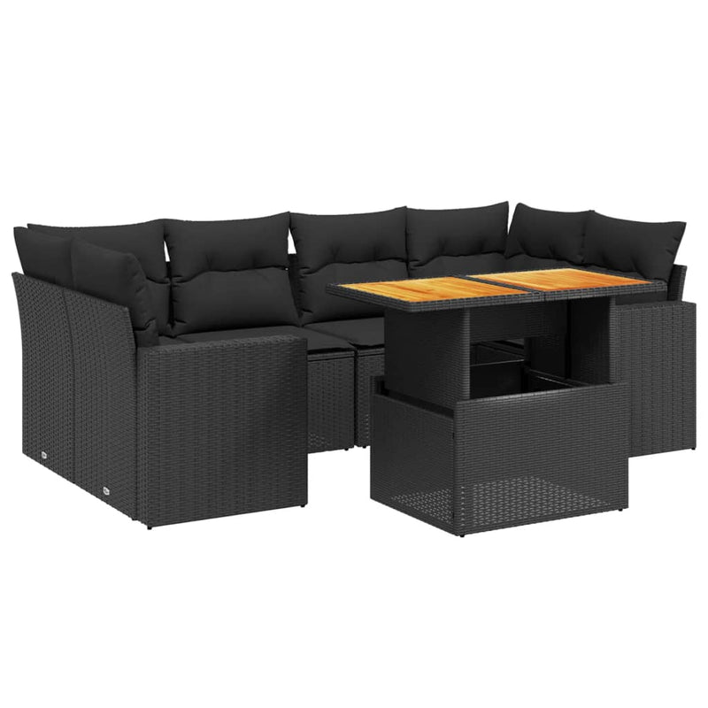 Set canapele de grădină cu perne, 7 piese, negru, poliratan
