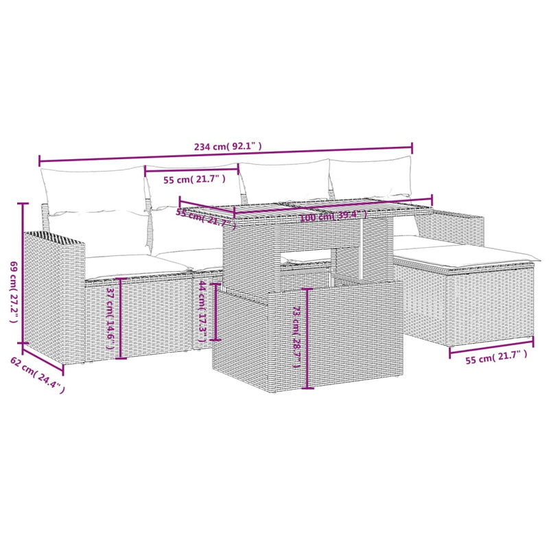 Set mobilier de grădină cu perne, 6 piese, negru, poliratan