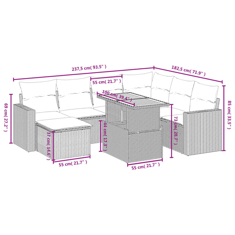 Set mobilier de grădină cu perne, 8 piese, negru, poliratan