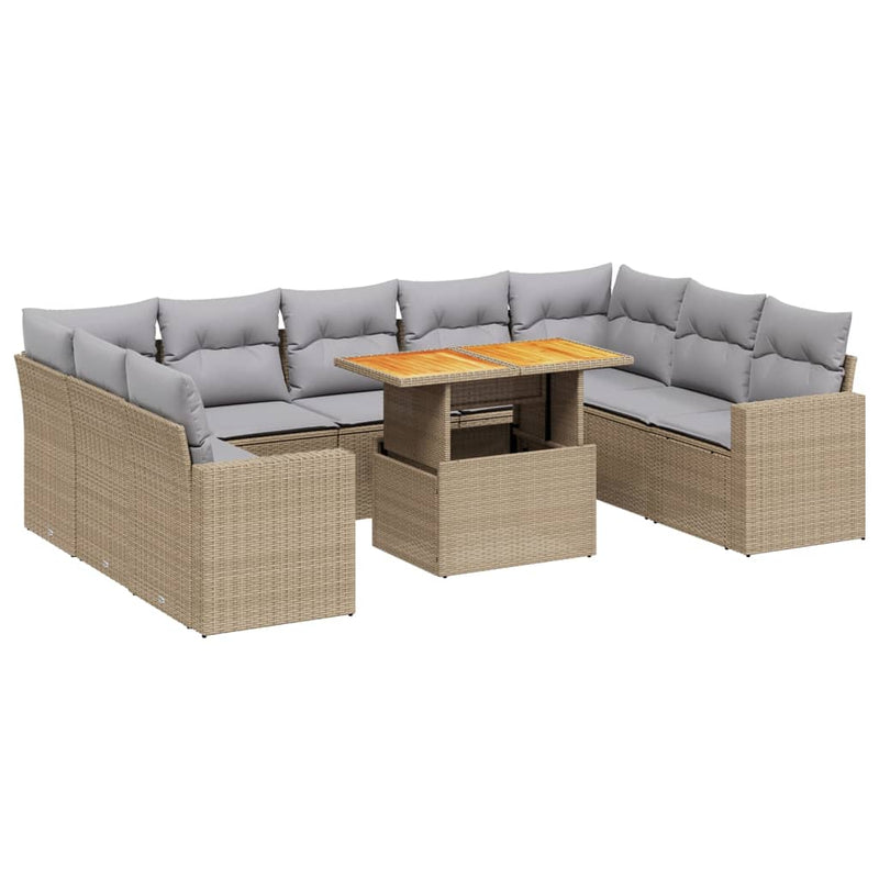 Set canapele de grădină cu perne, 10 piese, bej, poliratan
