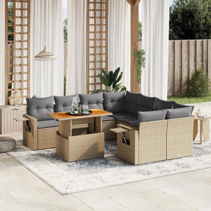 Set canapele de grădină, 9 piese, cu perne, bej, poliratan