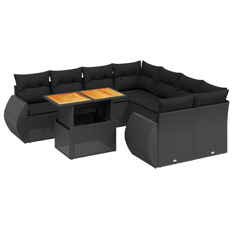 Set mobilier de grădină cu perne, 9 piese, negru, poliratan