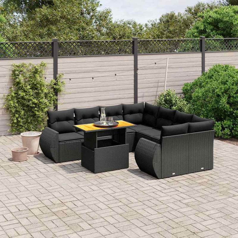 Set mobilier de grădină cu perne, 9 piese, negru, poliratan