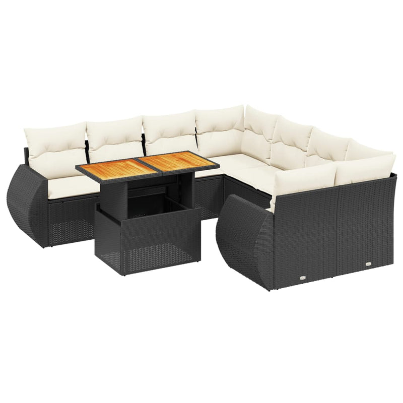 Set mobilier de grădină cu perne, 9 piese, negru, poliratan
