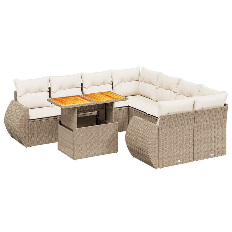 Set canapele de grădină, 9 piese, cu perne, bej, poliratan