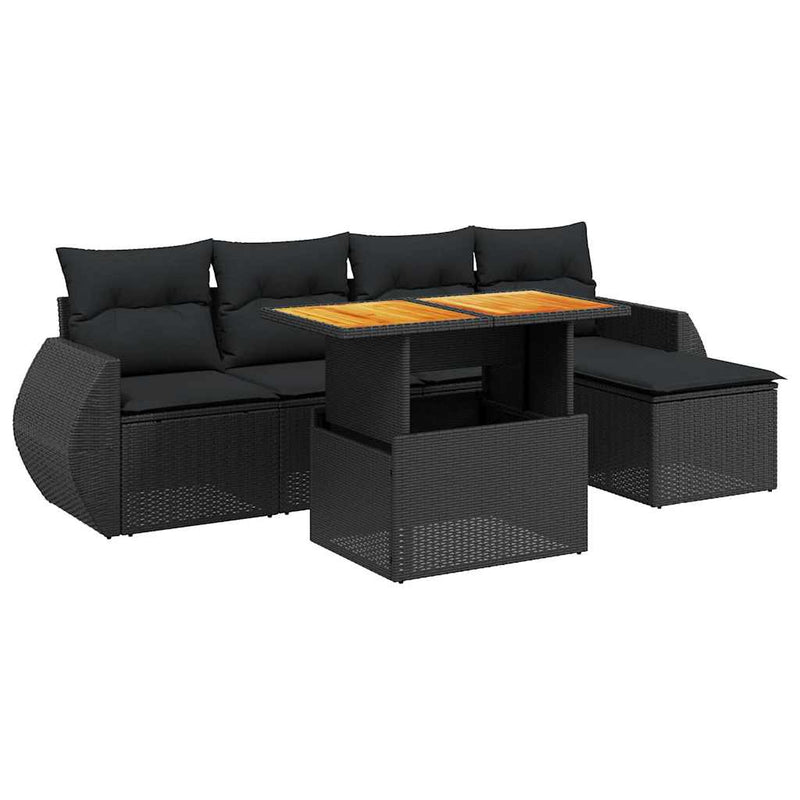 Set mobilier de grădină cu perne, 6 piese, negru, poliratan