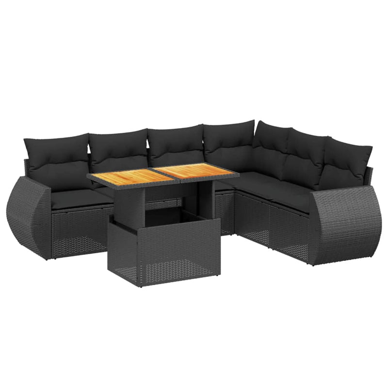 Set canapele de grădină cu perne, 7 piese, negru, poliratan