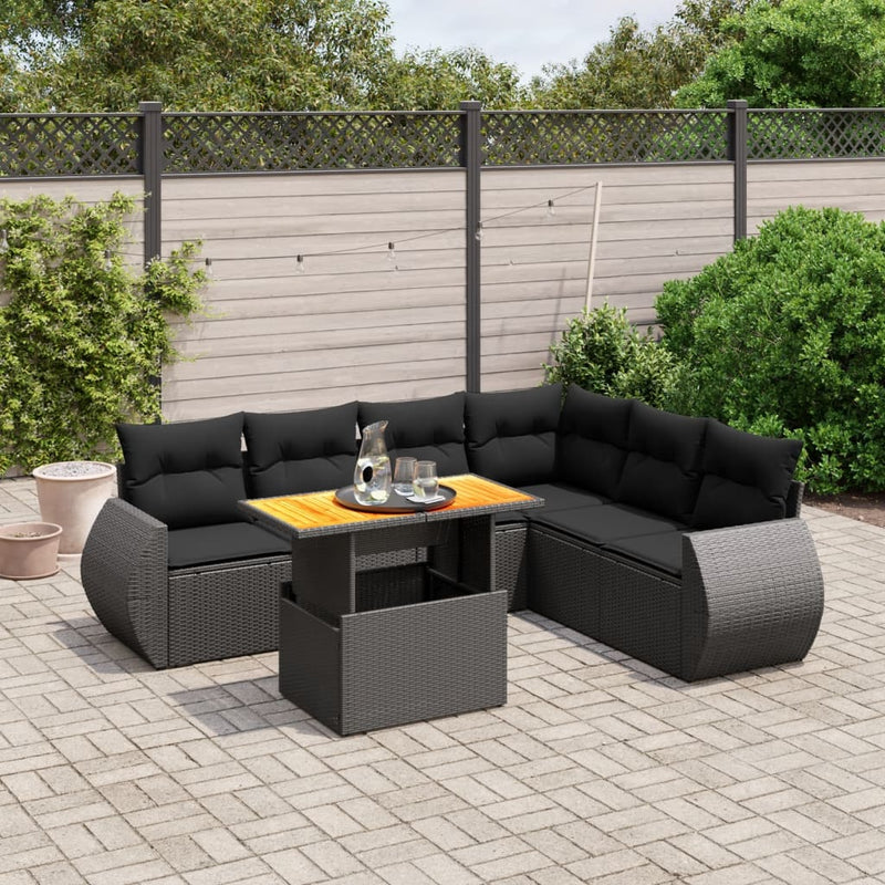 Set canapele de grădină cu perne, 7 piese, negru, poliratan