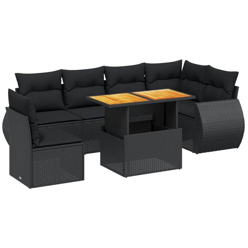 Set canapele de grădină cu perne, 7 piese, negru, poliratan