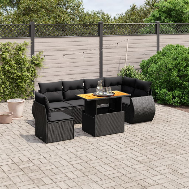 Set canapele de grădină cu perne, 7 piese, negru, poliratan