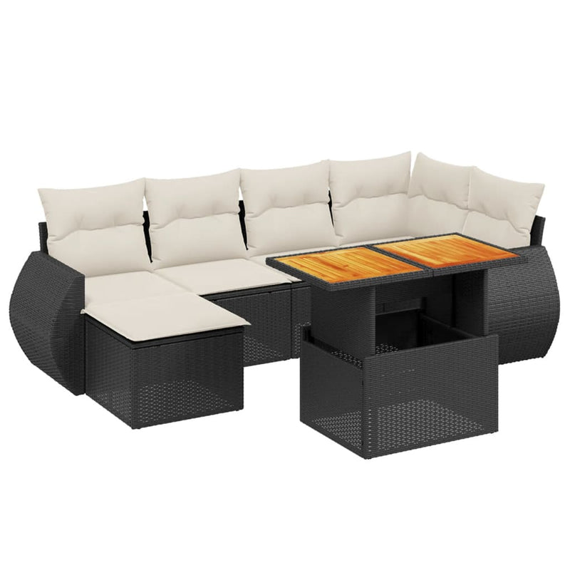 Set canapele de grădină cu perne, 7 piese, negru, poliratan