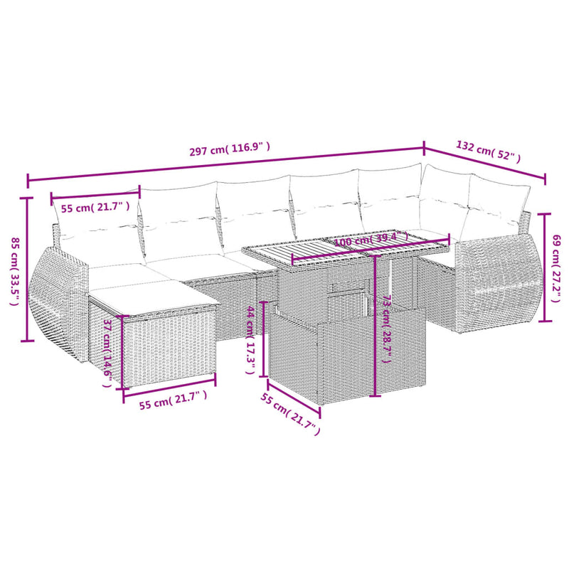 Set mobilier de grădină cu perne, 8 piese, negru, poliratan