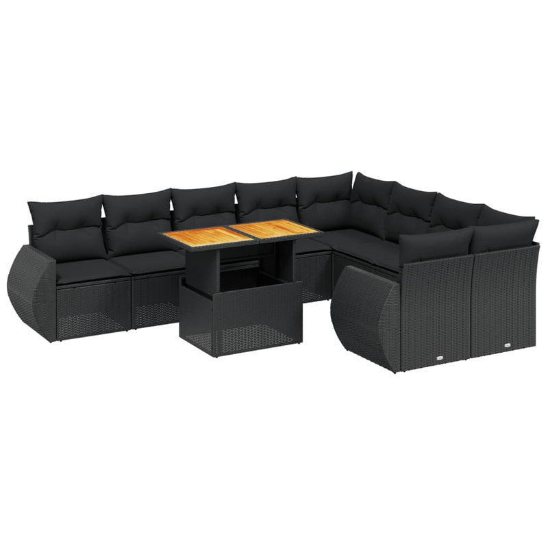 Set canapele de grădină cu perne, 10 piese, negru, poliratan