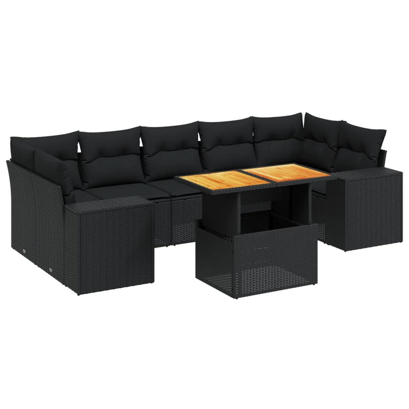 Set mobilier de grădină cu perne, 8 piese, negru, poliratan