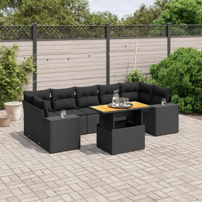 Set mobilier de grădină cu perne, 8 piese, negru, poliratan