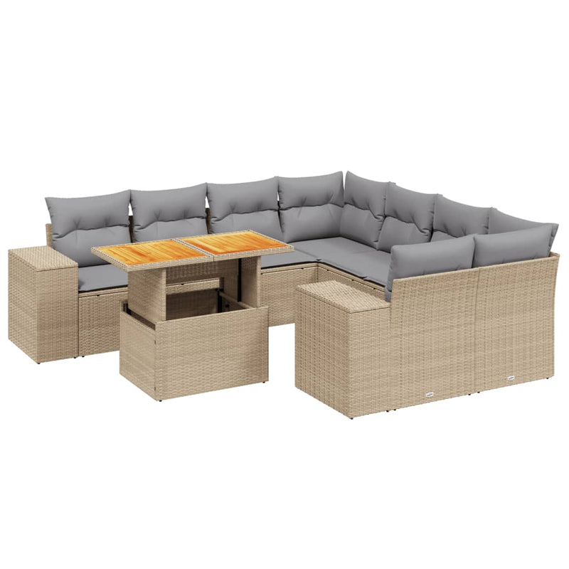 Set canapele de grădină, 9 piese, cu perne, bej, poliratan
