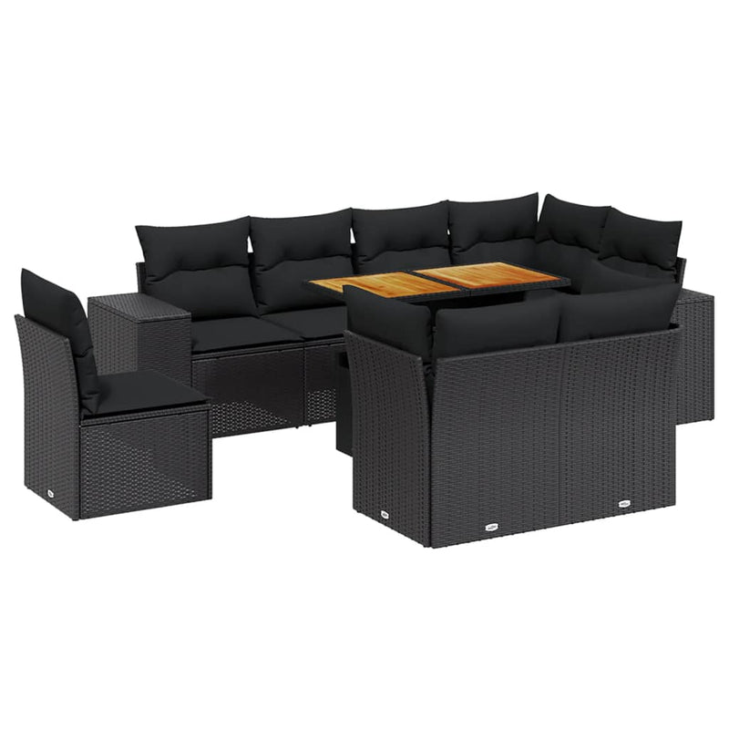 Set mobilier de grădină cu perne, 9 piese, negru, poliratan