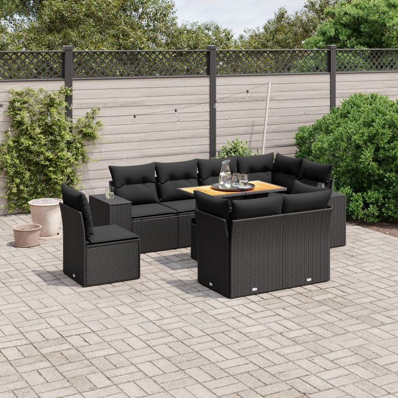 Set mobilier de grădină cu perne, 9 piese, negru, poliratan