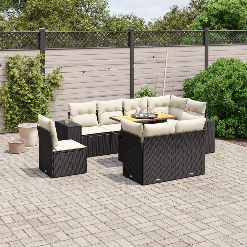 Set mobilier de grădină cu perne, 9 piese, negru, poliratan
