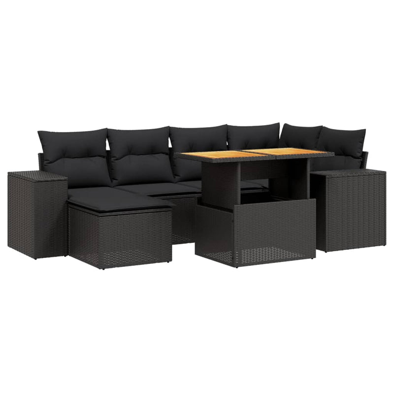 Set canapele de grădină cu perne, 7 piese, negru, poliratan