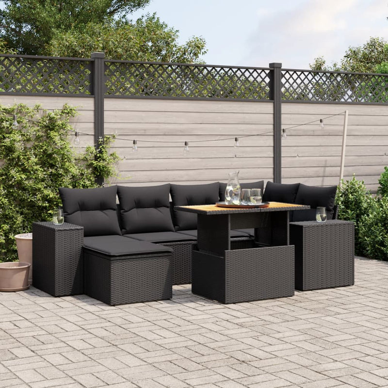 Set canapele de grădină cu perne, 7 piese, negru, poliratan
